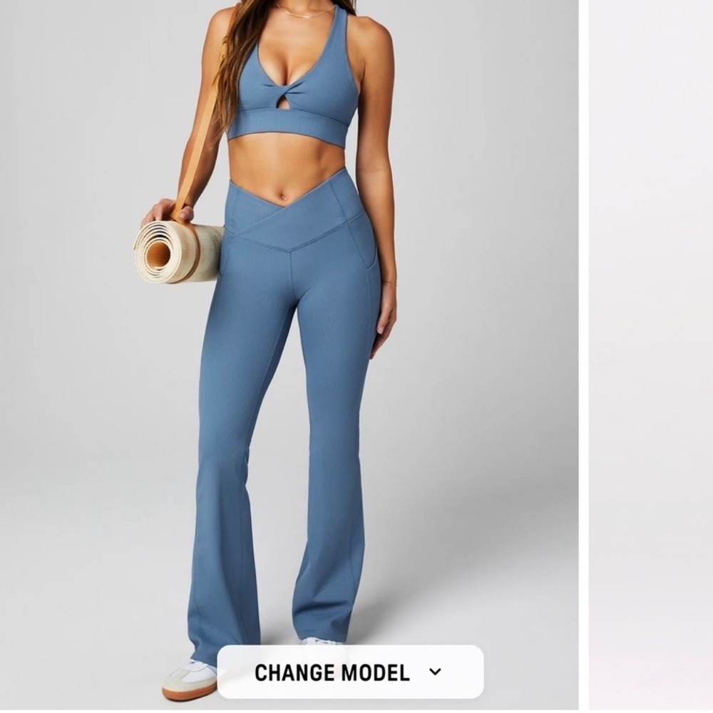 FABLETICS Oasis Rib Blue Boot Cut Flare Pants and Medium Impact Twist Sports Bra